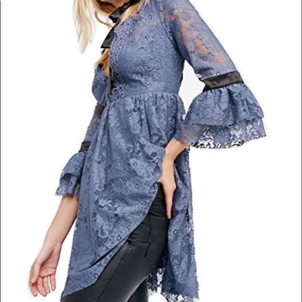 Free People Slate Blue Lace Midi Dress with Black Trim - Picture 2 of 4